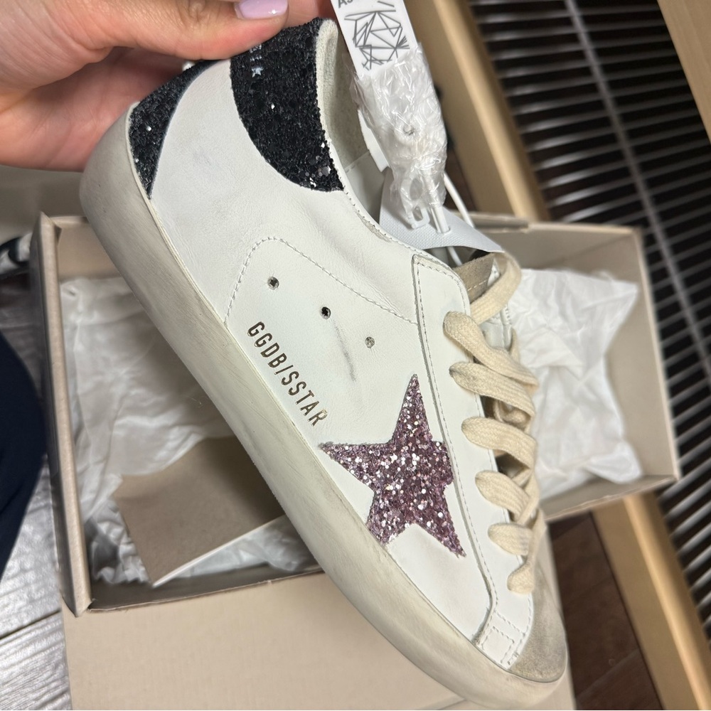 Golden Goose White and Purple Glitter Star Sneakers